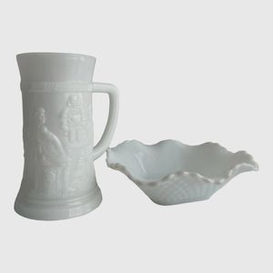 Vintage Milk Glass Candy Nuts Dish & Beer Mug USA